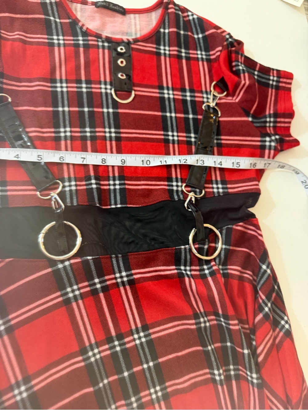 Devil Fashion X Dolls Kill Red Plaid Mesh Goth Punk Harness Dress S *NO CHAIN* - Picture 14 of 16
